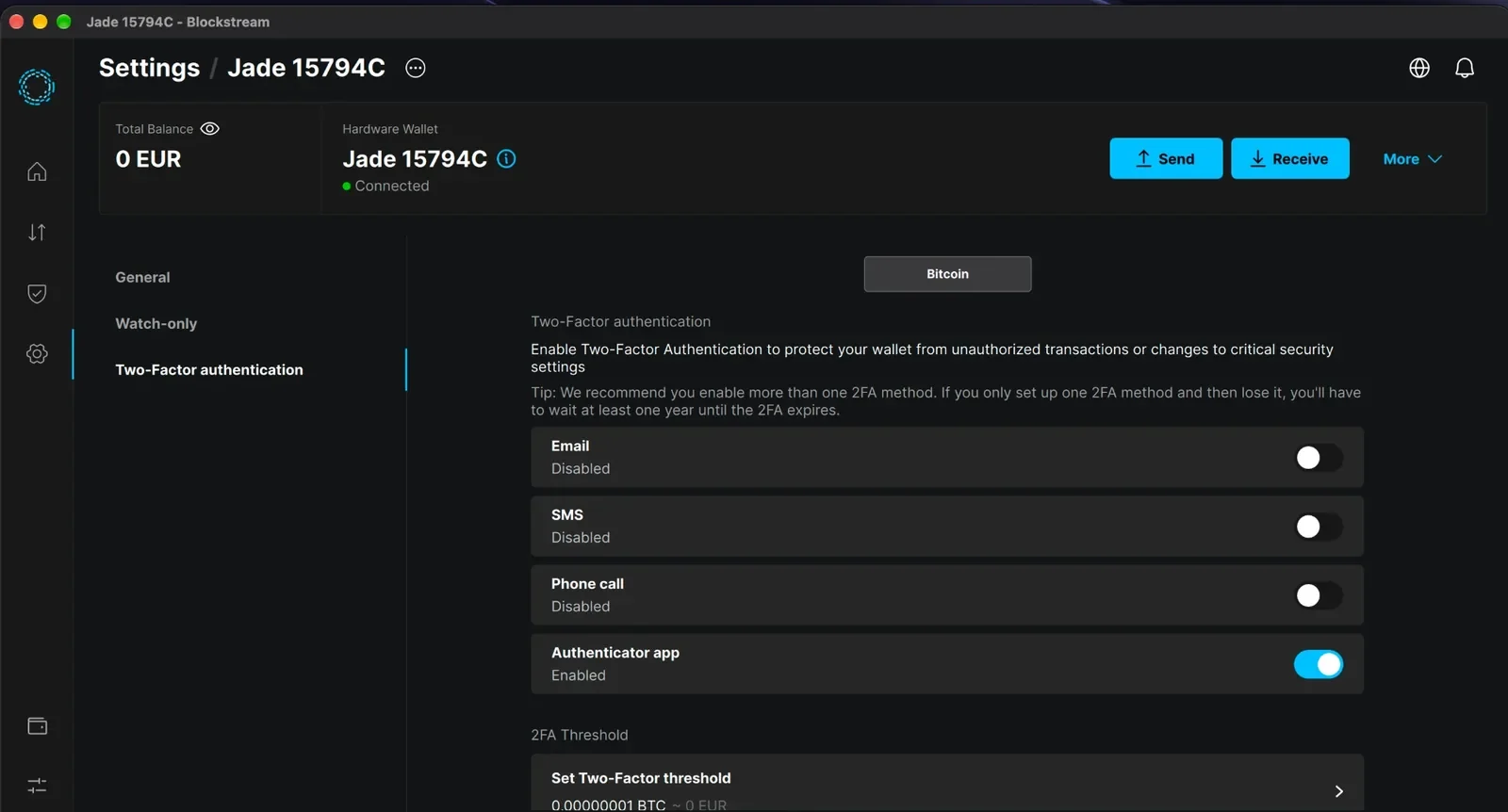 Two-Factor authentication settings with the Authenticator app enabled and the threshold set to 0.00000001 BTC