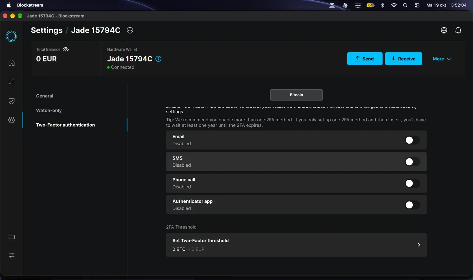 Two-Factor authentication settings listing Email, SMS, Phone call and Authenticator app, all disabled