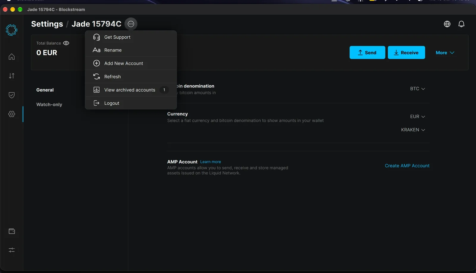 Menu next to the wallet name with Get Support, Rename, Add New Account, Refresh, View archived accounts and Logout