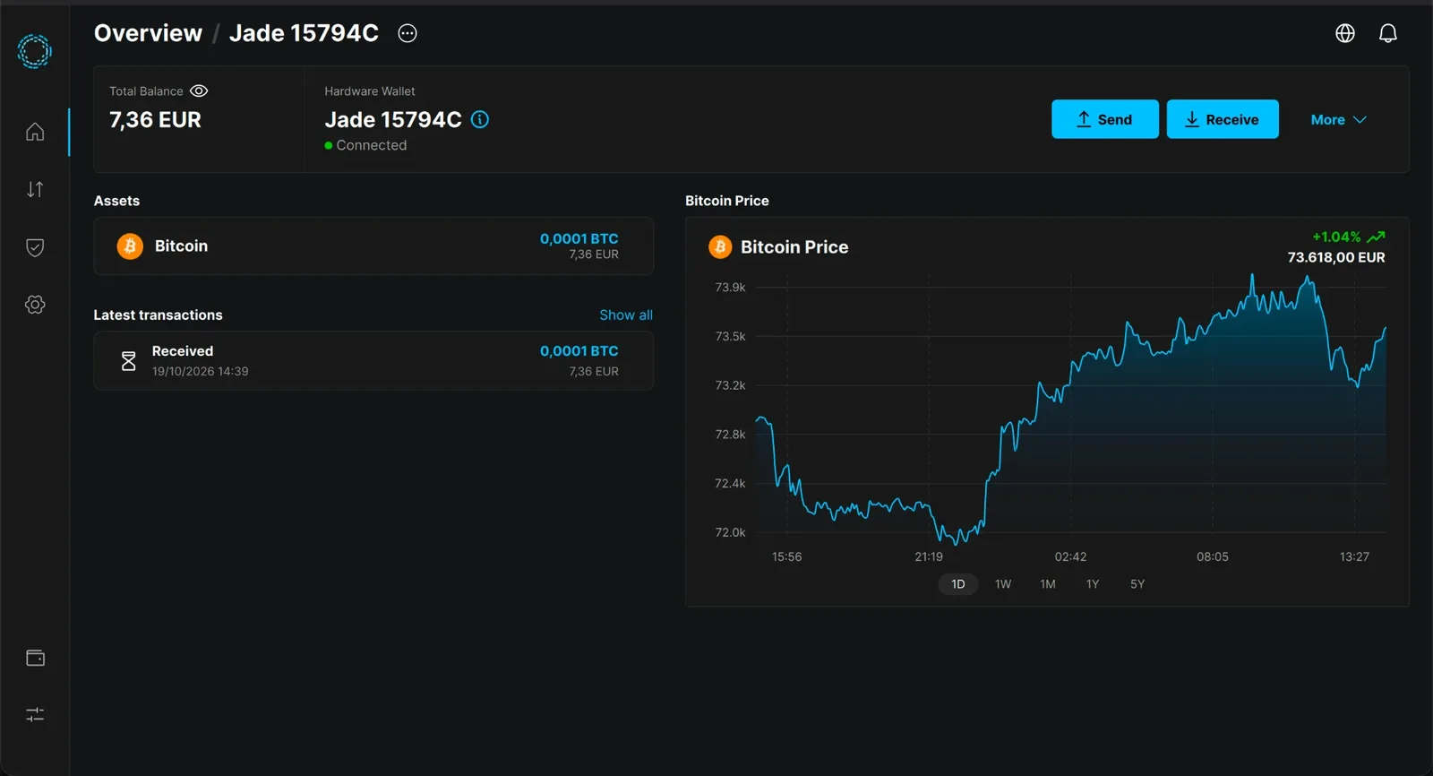 Blockstream app overview with the Jade connected, a total balance of 7.36 EUR and a received transaction of 0.0001 BTC