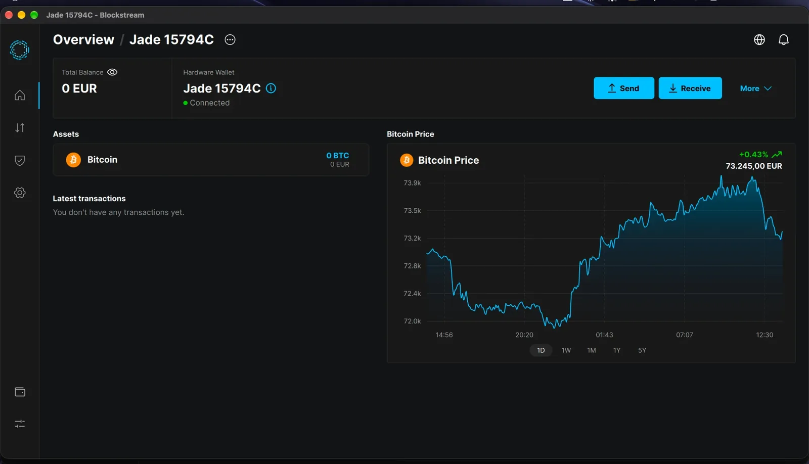 Blockstream app on macOS showing Jade 15794C as a connected hardware wallet with a balance of 0 EUR