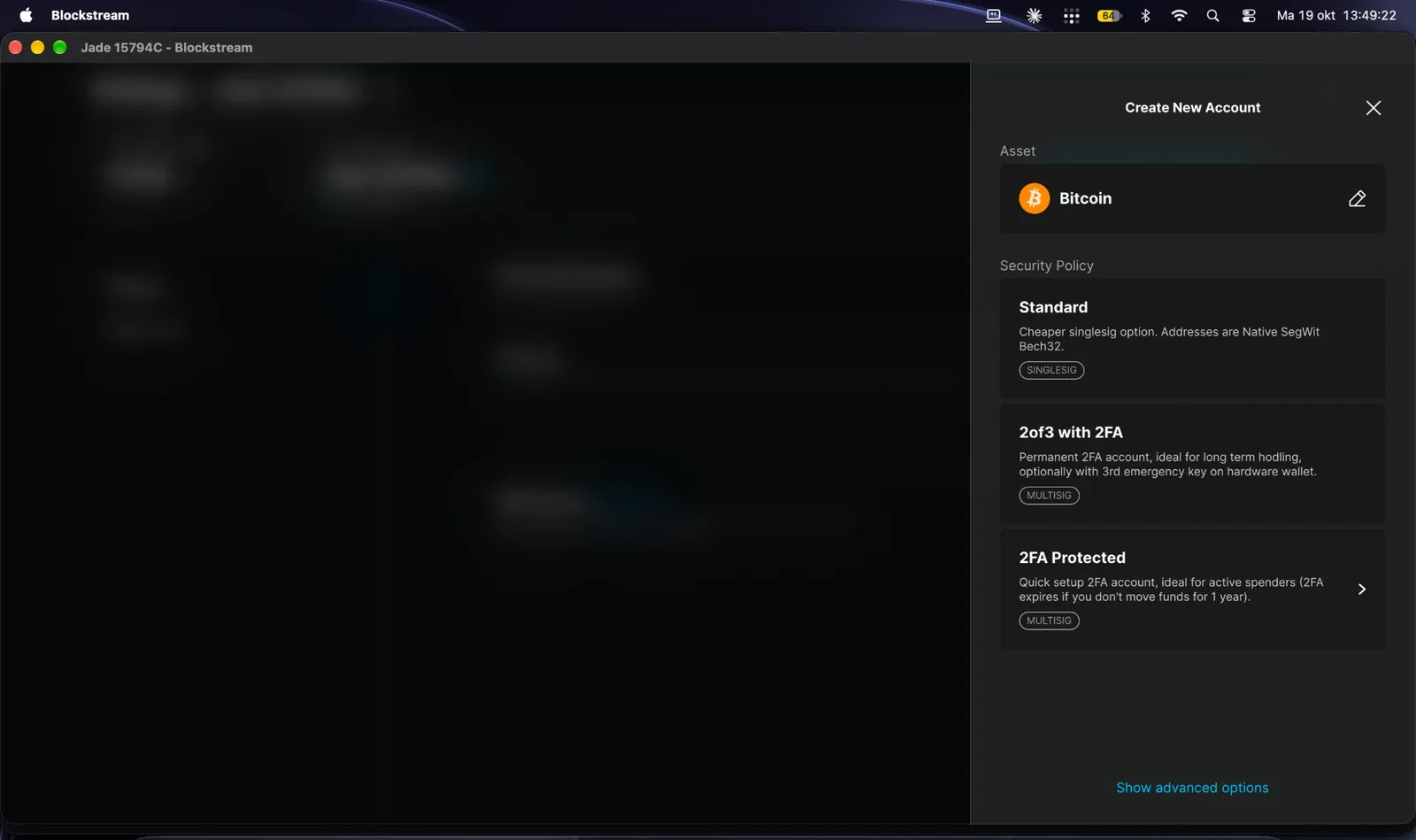 Create New Account panel listing Standard singlesig, 2of3 with 2FA and 2FA Protected