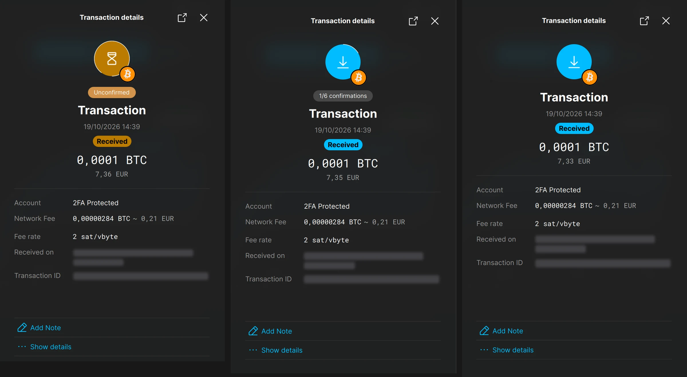Transaction details in the Blockstream app, from left to right: unconfirmed, 1 of 6 confirmations, fully confirmed. Account 2FA Protected; receiving address and transaction ID blurred